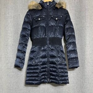 Laundry by Shelli Segal Down Feather Puffer Coat Faux Fur Hood Navy Size S